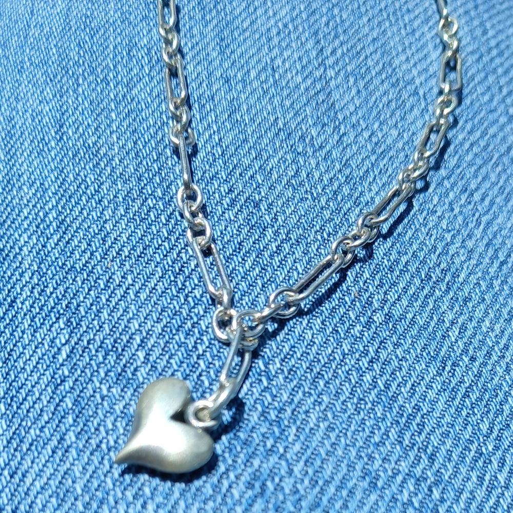 Vintage Sterling Silver Link Anklet With Heart Pendant - Picture 2 of 2